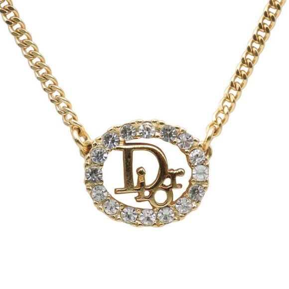 Christian Dior Necklace Metal Rhinestones Gold CD Logo GP Women's